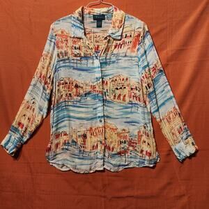 Artscapes Women's M Wearable Art Blouse Blue Tan Italian Venice Villa Sheer Top